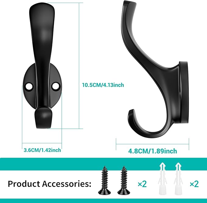 Coat Hooks Heavy Duty - Wall Mount Metal Towel Hooks Screw-in Wall Hooks for Hanging Hat, Towel, Key, Robe, Scarf, Bag, Cap (6 PCS Black)