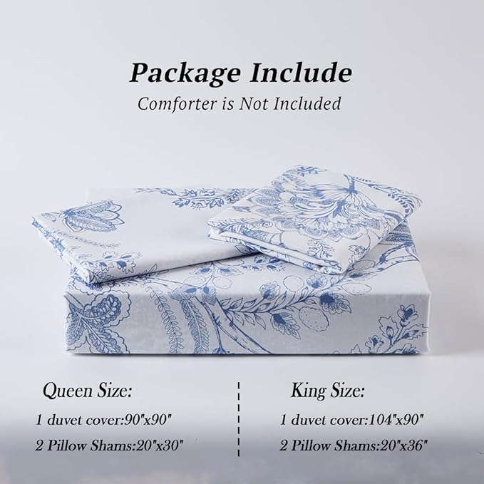Nayoroom Floral Duvet Cover Set Queen Size Cottagecore White Blue Flower Leaf Comforter Cover 3Pcs Soft Breathable Microfiber Pastoral Garden Aesthetic Bedding Set with Zipper Closure