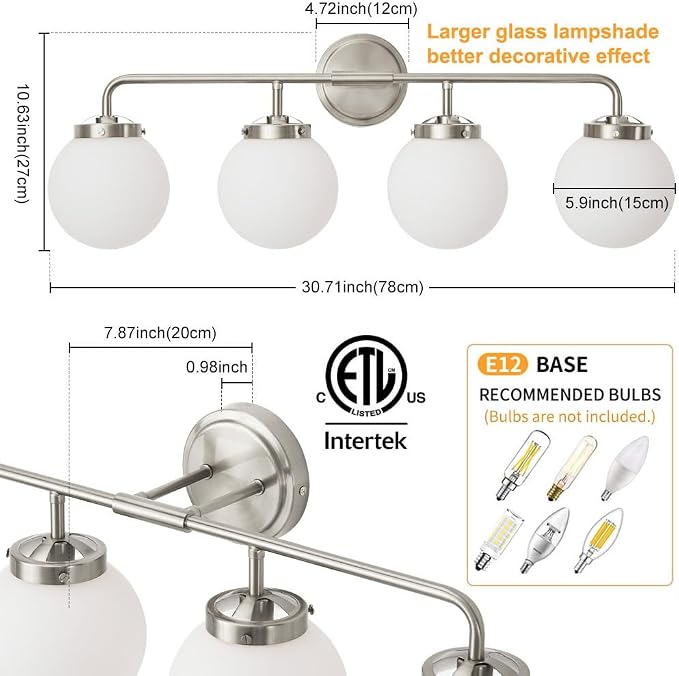 Bathroom Light Fixtures Over Mirror, Brushed Nickel Modern Vanity Lighting with Milk White Glass Globe Shades 4-Light Farmhouse Wall Sconce