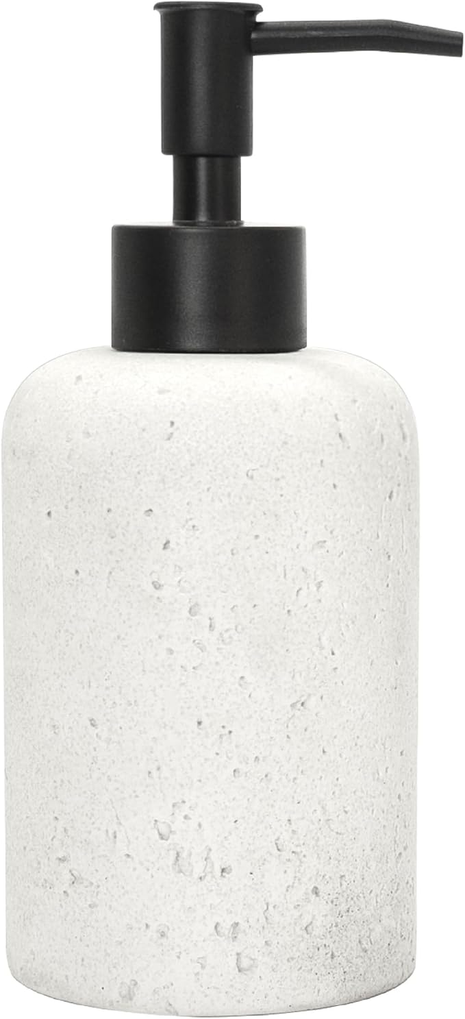 13.5 oz Bathroom & Kitchen Countertop Soap Dispenser, Travertine-Look Durable Resin Bottle with ABS Pump (White)