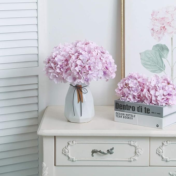 Fake Purple Hydrangea Artificial Flowers - Faux Silk Hydrangeas Flowers Heads with Stems Real Touch for Home Wedding Party Table Decor(Light Purple,Pack of 10)