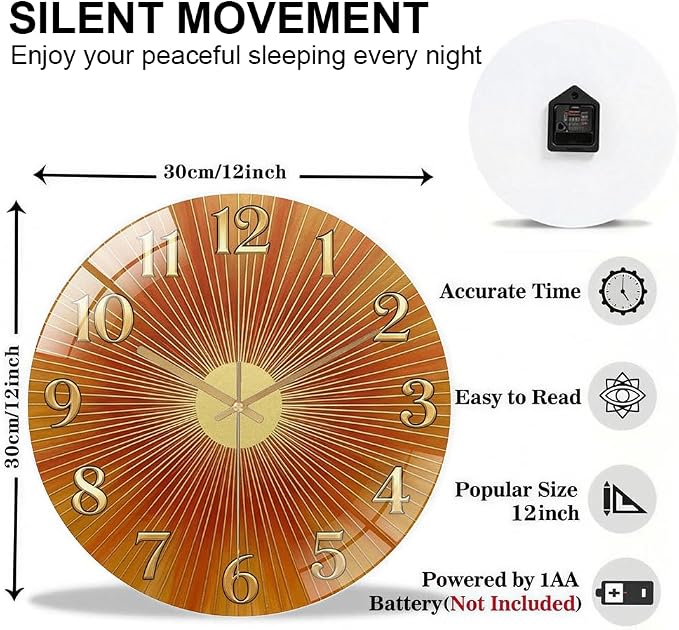 12 Inch Orange Sunburst Glass Wall Clock Silent Art Decor | Silent glossy clock with warm orange sunburst and gold numbers, accurately tracking time for your retro living room