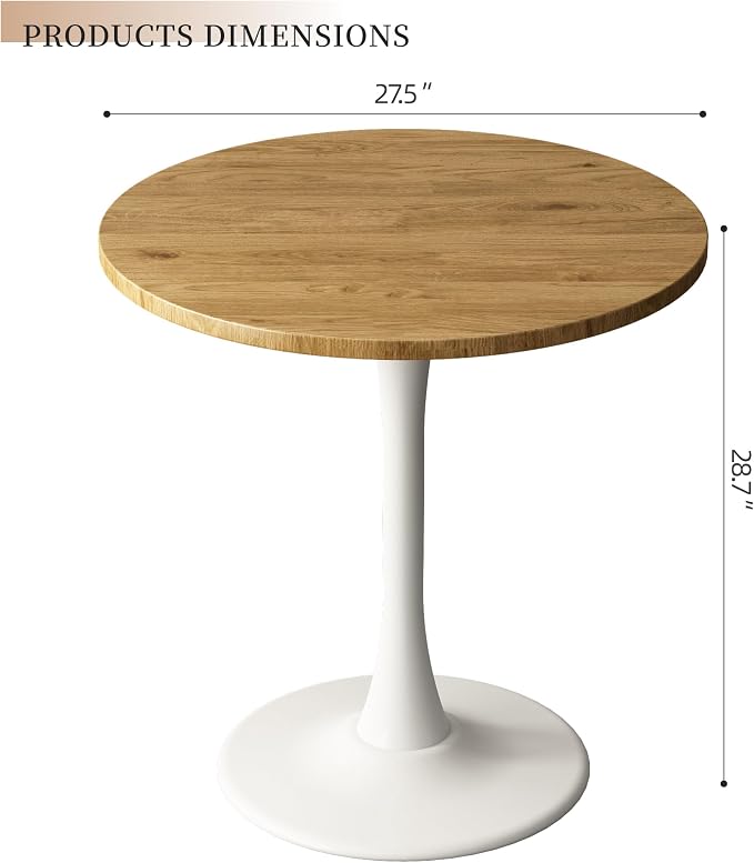 Round Dining Table 27.5" Circle Tulip Table with Wood Thickened Tabletop & Sturdy Metal Pedestal Mid Century Modern Leisure Bistro Kitchen Tables 4 People Small Places Living Room Cafe,Oak
