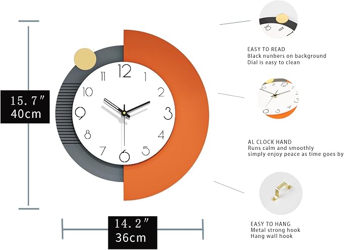 FLEBLE Modern Wall Clocks for Living Room Decor Large Decorative Wall Clock Battery Operated for Bedroom Office Kitchen Home Black Wood Silent Wall Clock Non Ticking 14x16 inches
