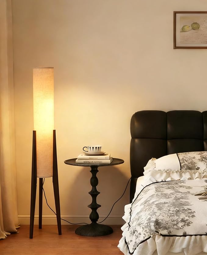 Walnut Wood Tripod Floor Lamp, 48.8 in High Vintage Column Floor Lamps with White Fabric Lampshade, Mid Century Modern Floor Lamp for Bedroom Living Room Home Office (Walnut)