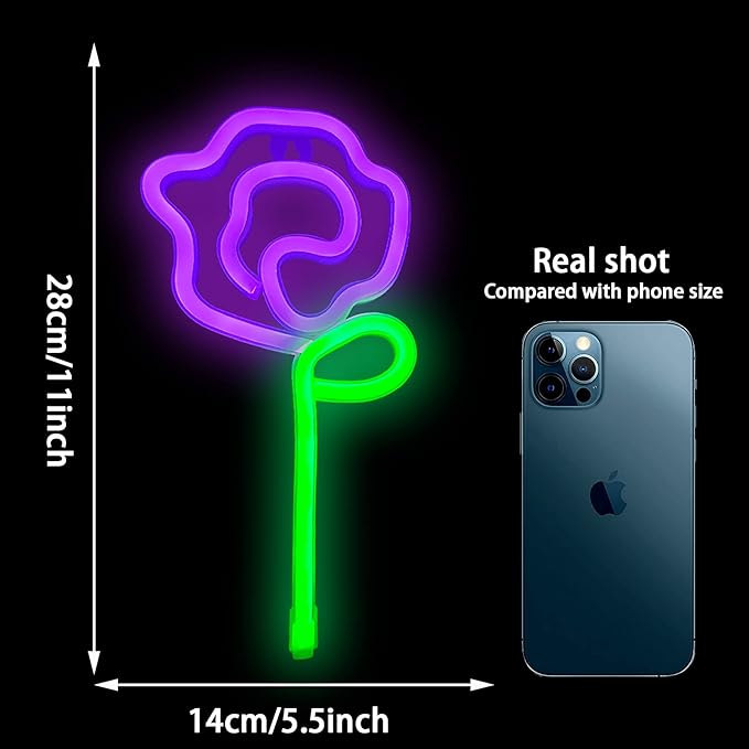 ENUOLI LED Neon Pink Rose Flower with Green Stem Wall Sign for Cool Light, Wall Art, Bedroom Decorations, Home Accessories, Party, and Holiday Decor Valentine's Day Present(Purple Rose)