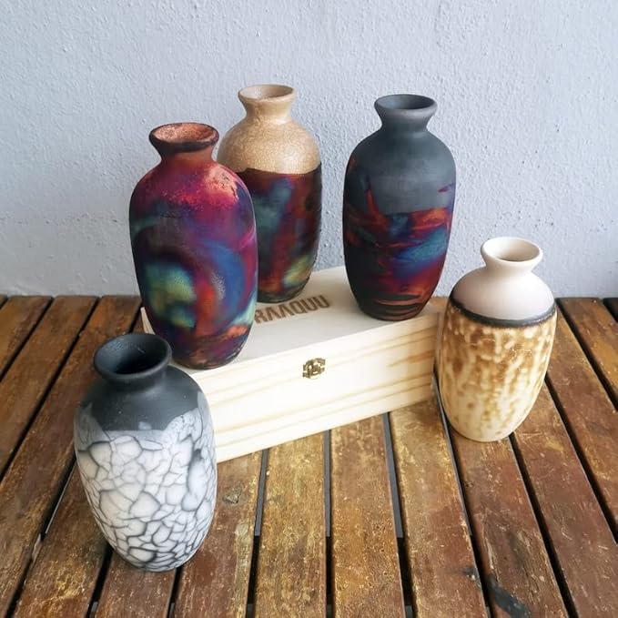 RAAQUU Koban 7 inch Raku Ceramic Pottery Vase with Gift Box Corporate Gift in a Pine Box -Personalized Rustic Boho Handmade Gift in Full Copper Matte