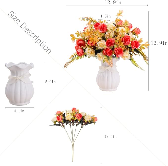 LESING Artificial Fake Flowers with Vase Silk Artificial Roses Wedding Flowers Bouquets Home Office Party Meeting Room Decoration (Sunset-1)