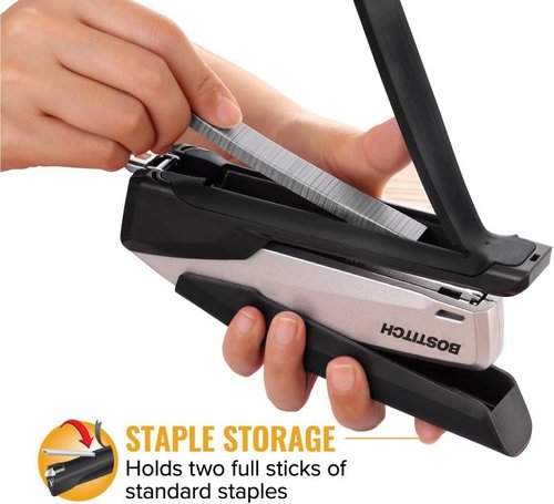 Bostitch Office Executive Metal Desktop Stapler - 3-in-1 Spring Powered with Staple Storage & Remover | 28 Sheet Capacity, Black/Gray