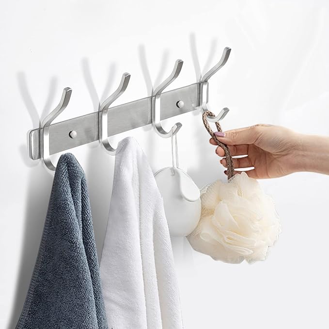 HAMUTH 12 Inch Coat Rack Wall Mount 2 Packs, Heavy Duty Wall Hooks with 4 Hooks, Silver Wall Hooks Hangers for Entryway, Bathroom - for Hanging Backpack, Bag, Coat, Purse, Hat, Towel, Clothes