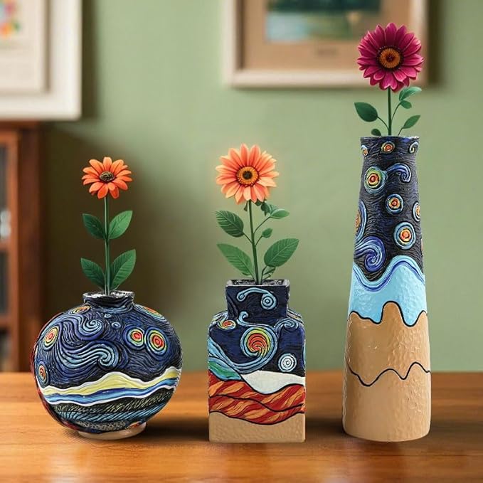 Starry Night Vase Plant Pot,Van Gogh Inspired Resin Flower Pot - Abstract Rainbow Planter with Artistic Brushstroke Design Stylish Art Flower Pot Unique Home Decor for Plants (3pcs)