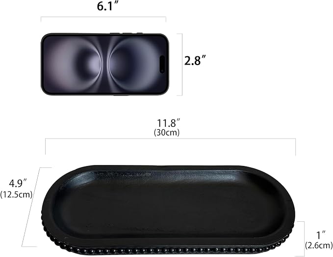 dwellington Wooden Farmhouse Decorative Tray, 12in Rustic Beaded Tray for Living Room Decor, Kitchen Table Décor, Oval Coffee Table Serving Tray (Black)