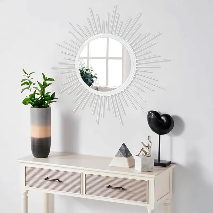Sunburst Spoked White Large Wall Mirror Boho Home Circle Art Mirror Modern Metal Mirror for Wall Decorative Bathroom Bedroom Vanity Hallway Balcony Living room Entryway 20"