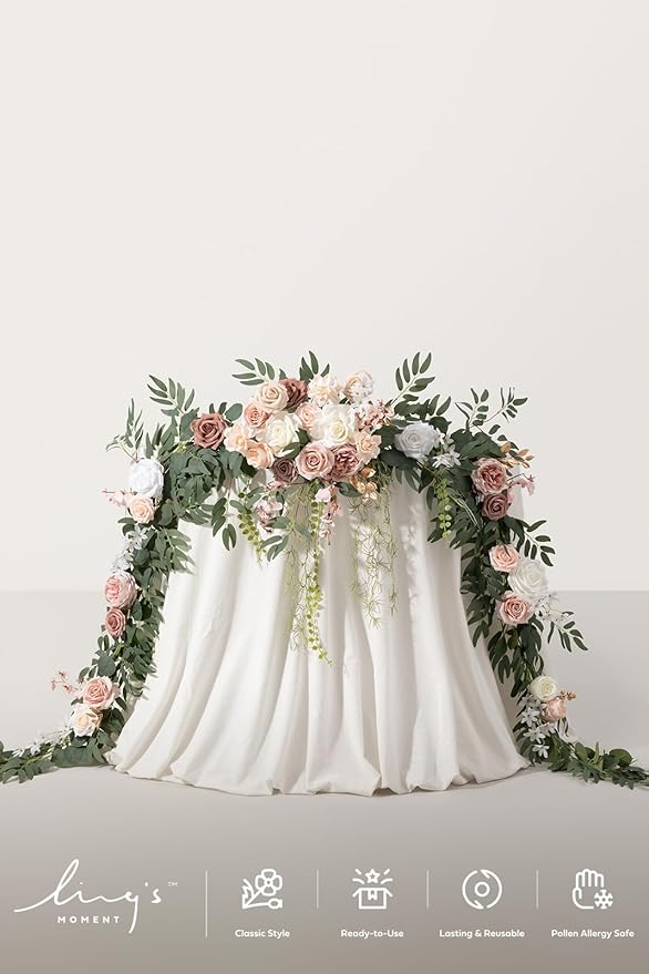 Ling's moment 9FT Spring Flower Garland for Backdrop Decorations - Wedding Arch Flowers, Eucalyptus & Rose, Artificial Floral Garland for Mantle - Sweetheart Table Decor for Reception, Dusty Rose