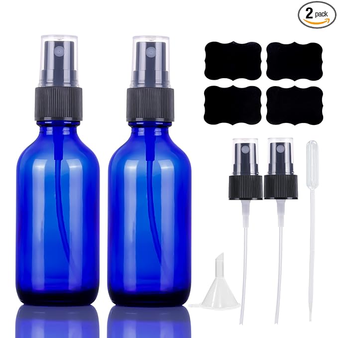 LUFEVRM 2oz Blue Glass Spray Bottles,Empty Small Perfume Travel Refillable Reusable Fine Mister Spray Bottle for Hair,Cleaning Solutions,Aromatherapy and Essential Oil with Extra Nozzle(2 Pack)