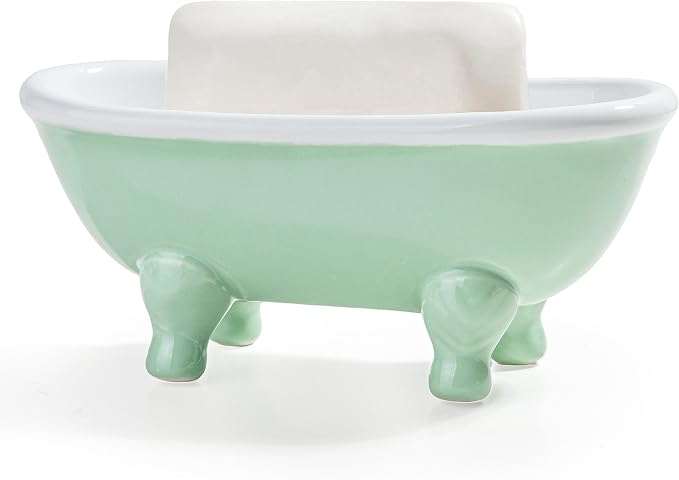 5.7" Ceramic Mini Clawfoot Bathtub Bar Soap Dish, Decorative Bar Soap Holder for Shower, Bathroom & Kitchen Sink (Bright Teal)