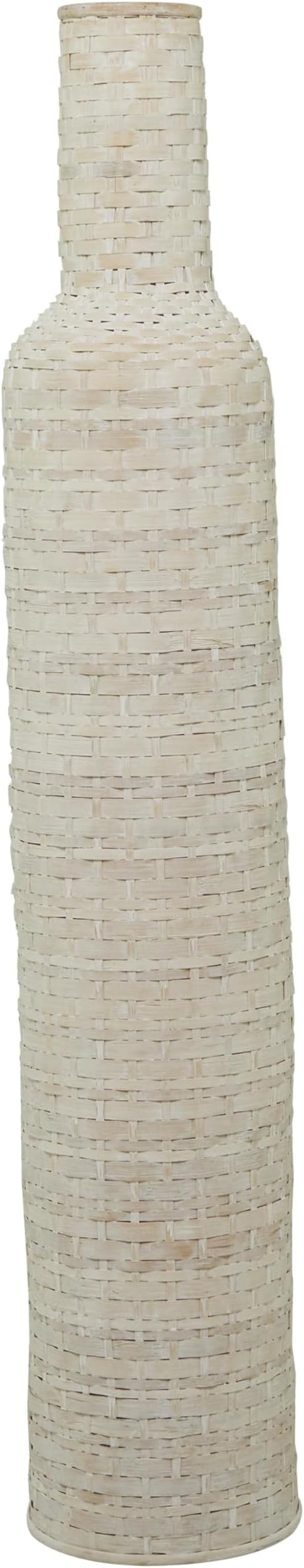 Deco 79 Bamboo Wood Decorative Vase, Tall Woven Floor Centerpiece, Round Vase for Home Decoration, White and Beige, 9" x 9" x 48"