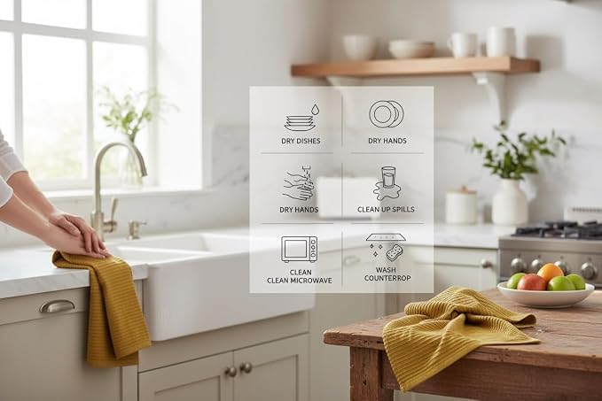 Serafina Home Mustard Yellow Ribbed Kitchen Dish Towels: 100% Cotton Cloth Soft Cleaning Drying Absorbent Terry Loop, Set of 3 Multipurpose for Everyday Use