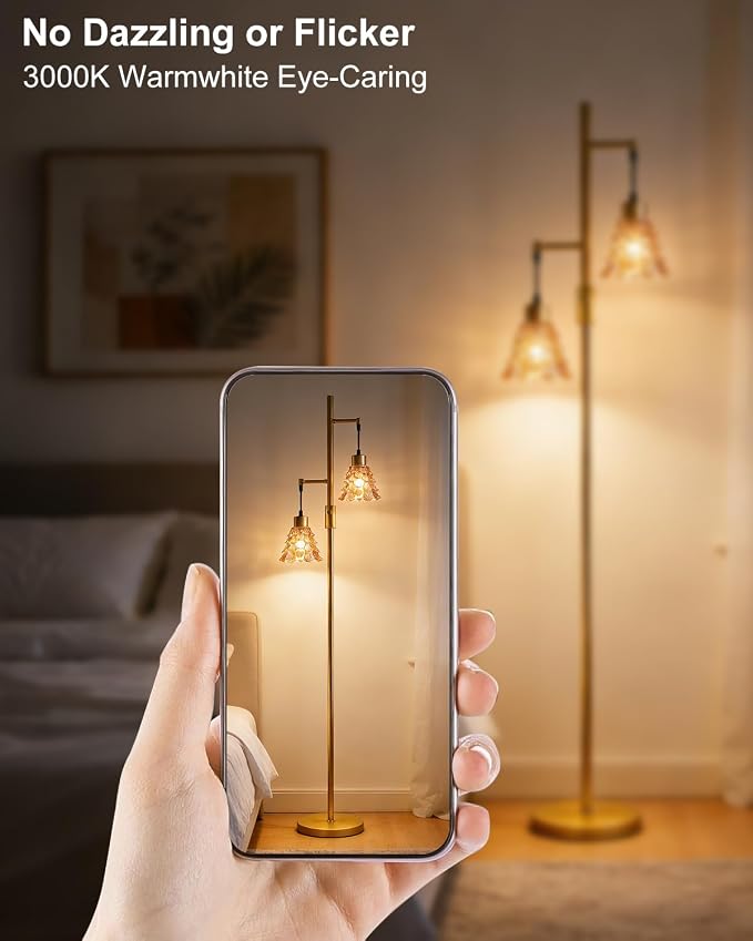 Lightdot 65IN Glass Floor Lamp for Living Room, 2- Light Gold Floor Lamps with Amber Glass Shade& Warm White Bulbs, Modern Standing Tall Lamp with 5Lbs Heavy Base for Bedroom/Corner Beside/Home Decor