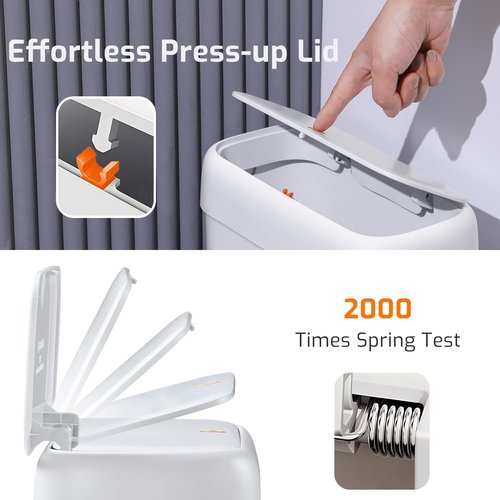 MOPALL Small Bathroom Trash Can - 2.6 Gallon Slim Plastic Waste Bin with Pop-Up Lid | Dog-Proof Design, White
