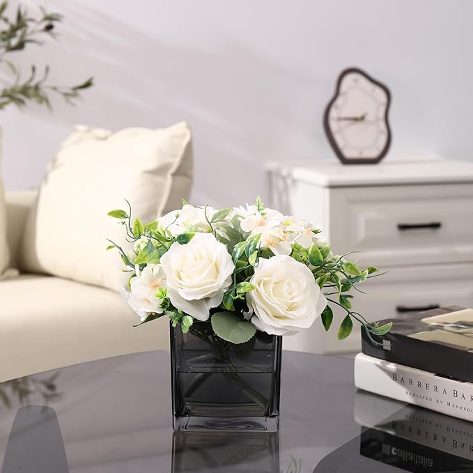 Square Glass Vases Set of 9, 4"x 4"x 4" Flower Vases for Centerpieces, Grey Glass Vase for Flowers, Small Vase for Wedding, Party, Home Office Decoration
