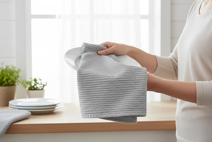 Serafina Home Light Grey Gray Kitchen Hand Dish Towels: Oversized 28" x 18", 100% Cotton Cloth Soft Cleaning Drying Absorbent Ribbed Design, Set of 3 Multipurpose for Everyday Use