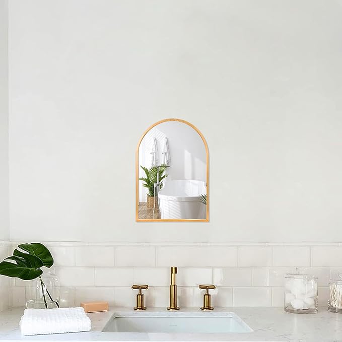 Wall Mirror Arched Bathroom Mirrors, Aluminum Alloy Frame Hanging Vanity Mirror for Living Room Bedroom Entryway Vanity, Brushed Metal Framed Wall Mounted Mirror Gold 16"x12"