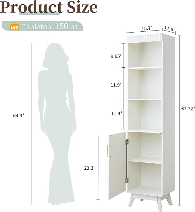 Bifins 68" Tall Bathroom Storage Cabinet,Narrow Fluted Tower Cabinet with Door and Shelves,Slim Space Saving Storage Unit for Bathroom Kitchen Living Room (White, 11.8" D x 15.75" W x 68" H)