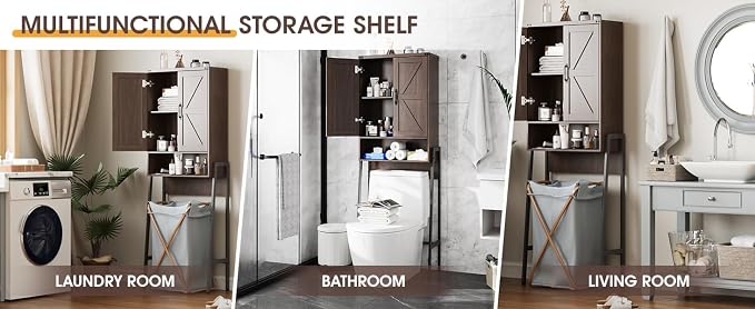 Vabches Over The Toilet Storage Cabinet with 2-Door Design Bathroom Organizers and Storage with Anti-Tip Device Over Toilet Organizer with Shelves for Bathroom,Restroom,Laundry Espresso