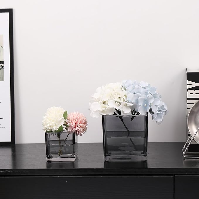Square Flower Vases Set of 9, 3"x 3"x 3" Glass Vases for Centerpieces, Grey Vase for Flowers, Small Vase for Wedding, Party, Home Office Decoration