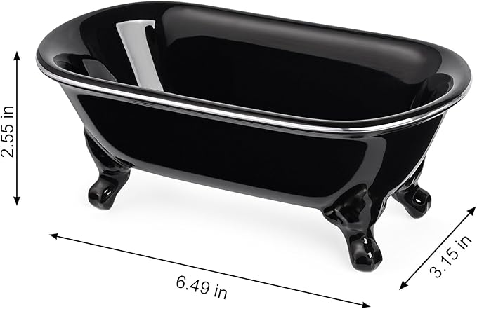 6.5" Ceramic Mini Decorative Clawfoot Bathtub Bar Soap Dish, Kitchen Sponge Holder and Shower Tray for Bathroom, 1 Pack (Black Silver Rim)