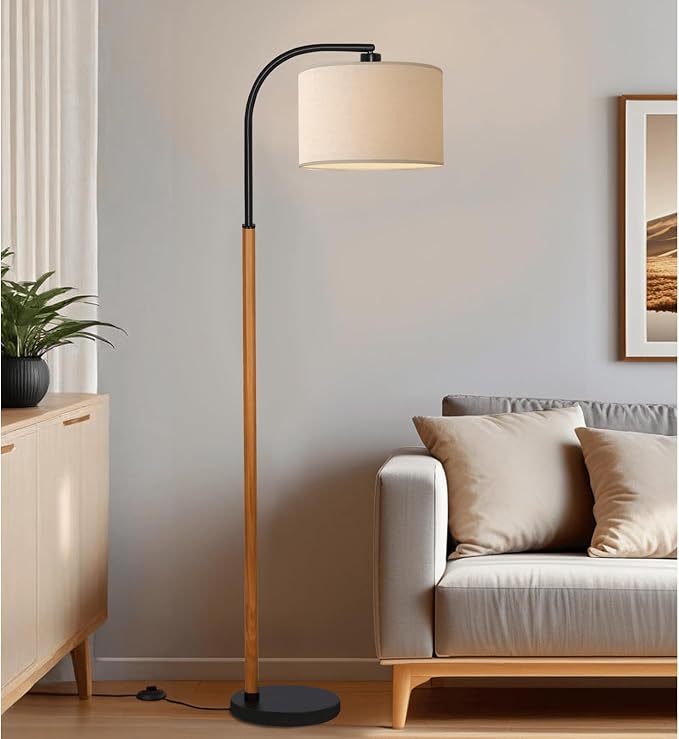 66” Brown Black Arc Floor Lamps for Living Room, 1200 Lumens 3-Level Brightness Wood Floor Lamp for Bedroom, Vintage Mid Century Black Standing Lamp, Adjustable Lampshade, LED Bulb Included