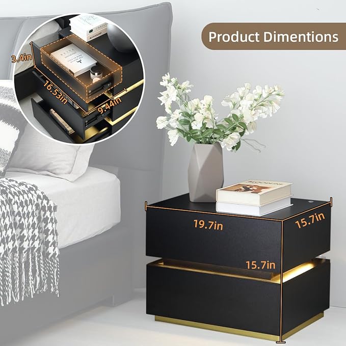Black Nightstand, LED Fluted Night Stand with Charing Station, Small Nightstand 2 Drawers, Bedside Table with USB Ports, Modern End Side Table for Bedroom/Livingroom