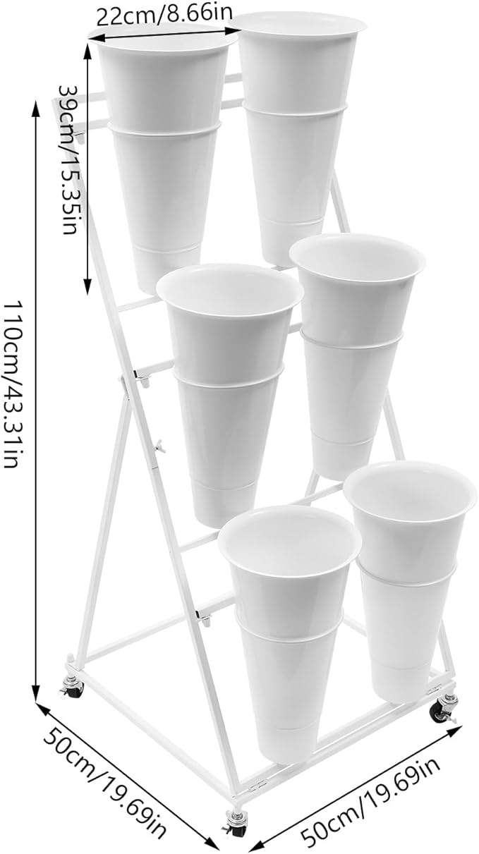 DYRABREST Flower Display Stand with Buckets, 3 Layers Metal Plant Stand with 6 Pieces Buckets, Moving Florist Bouquet Shelf for Fresh Flower Shop, for Patio Garden, Outdoor Flower Pop-Up Events