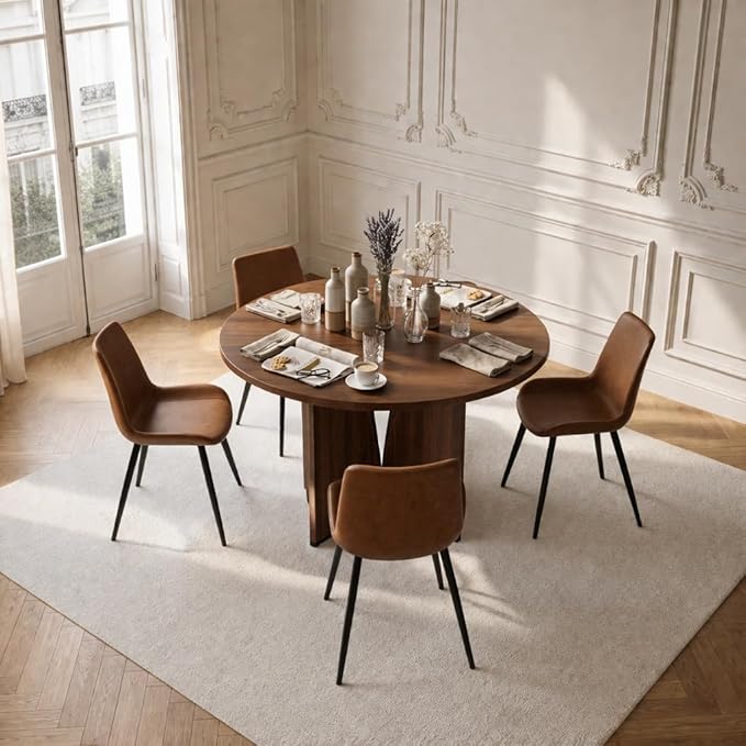 HIPIHOM Modern Round Dining Table Set for 4, 39.4" Walnut Kitchen Table with 4 PU Leather Chairs, 5-Piece Mid-Century Dining Room Set for Small Spaces, Pedestal Base
