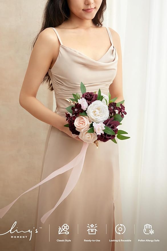 Ling's moment Artificial Flowers Red Bridesmaid Bouquet, Marsala & Blush Wedding Flowers Bouquets for Bridesmaids, 7 Inch Bridal Bouquets for Bridesmaids, Wedding Decor, Ceremony, etc