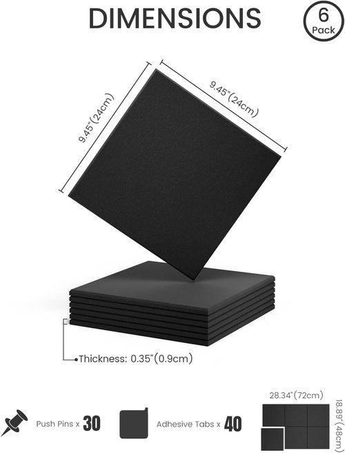 Fluxynara Felt Bulletin Board Tiles - 28"x18" Stylish Cork Board Alternative | 6-Pack Black Wall Organizer