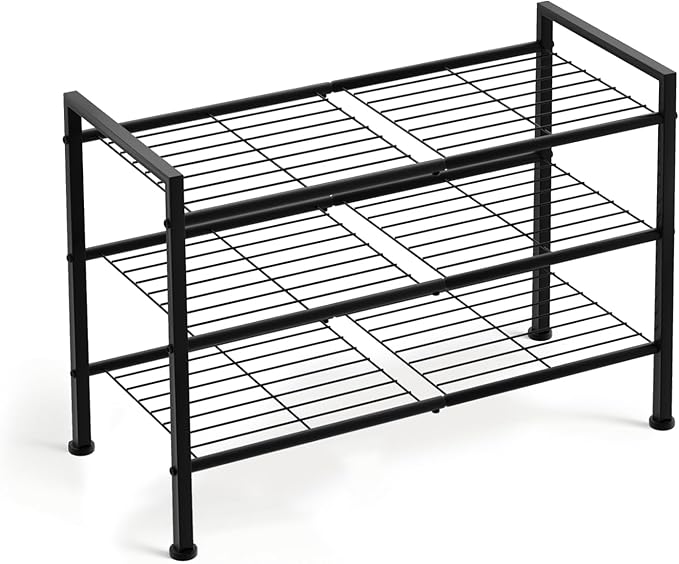 DongRong 3 Tier Shoe Rack for Closet,Adjustable Metal Shoe Storage Organizer Utility Shelf for Entryway, Dorm Room,Bedroom,Heavy Duty Shelf (Black, 3 Tier)
