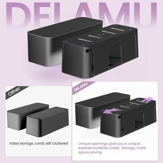 DELAMU 2 Pack Black Cable Management Box Cord Hider Box, Large Power Cord Organizer Box for Gaming Desk, Home, Office, Hide TV Wires, Router Box Hider, Floor Cord Covers, Baby & Pet Friendly