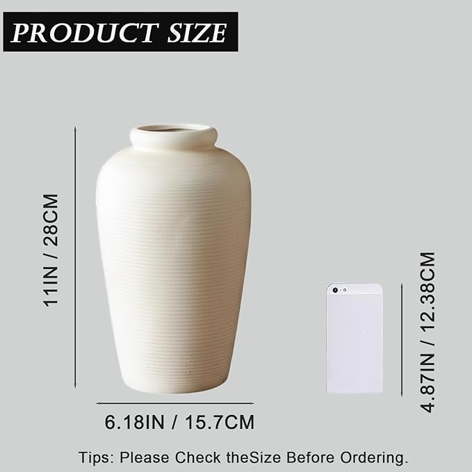 Large Ceramic Vase, 11 inch Minimalist Vase for Home Decor, Handmade Farmhouse Flower Vase for Table Centerpiece, Wedding, Living Room, Kitchen Decoration, Shelf Decor (Rice White)