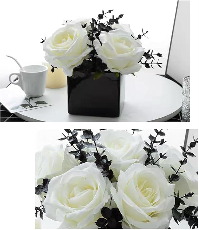 LADADA Artificial Flowers with Small Ceramic Vases, Roses in Vases Plastic Artificial Flowers and Plants,Used for Home Office Wedding Decoration, Table Decoration(White+Black)