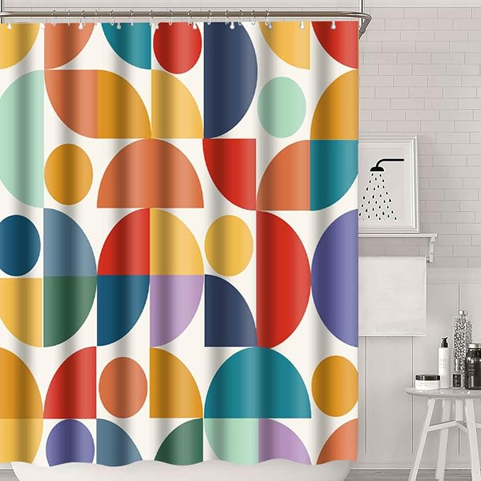 Vintage Colorful Rainbow Mid Century Shower Curtain Modern Abstract Geometric Art Bathroom Curtain Decor 72x78 Inch Washable Fabric Bright Retro Boho Circle Patterned Bath Curtain with 12 Hooks