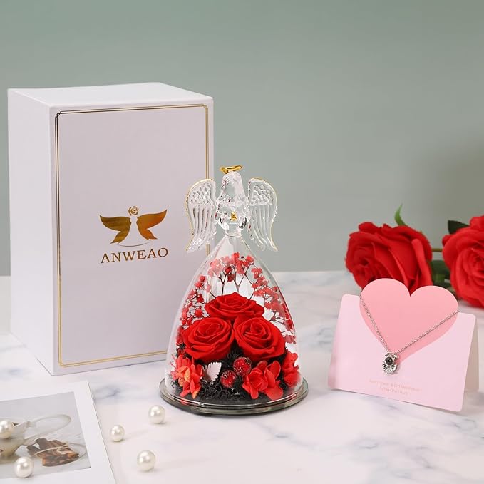 Christmas Angel Gifts for Women,Preserved Flowers Rose in Glass Angel Figurines Flowers for Delivery,Preserved Three Red Rose with Lights,Christmas Birthday Gifts for Grandma Mom Wife Her Sister
