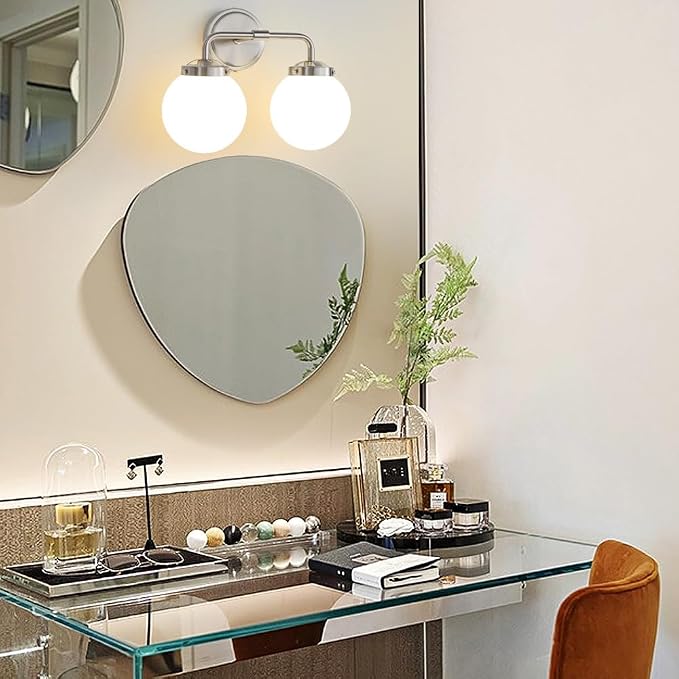 Bathroom Light Fixtures Over Mirror, Brushed Nickel Modern Vanity Lighting with Milk White Glass Globe Shades 2-Light Farmhouse Wall Sconce