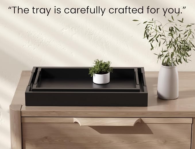 Fibogollo Bamboo Set of 2 Serving Tray with Metal Handles,Ottoman Decorative Trays Platter for Coffee Table,Living Room,Bar,Party(Black)