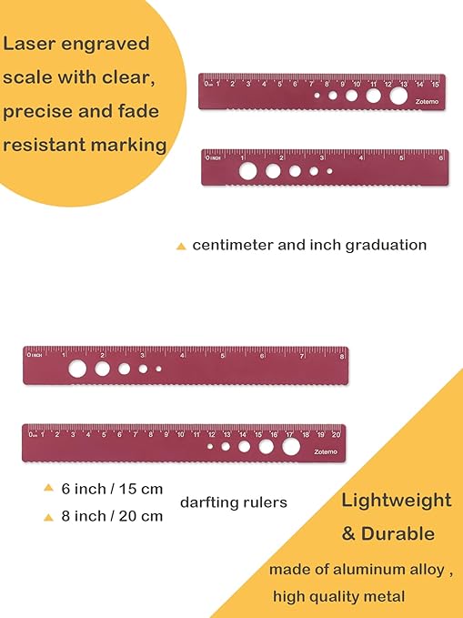 Zotemo Metal Geometry Set, 5-Piece Aluminum Ruler, Math Drafting Ruler Kit Includes Protractor, Triangle Rulers, Straight Rulers-Math Measurement Tools for School and Office Supplies (Plum Red)