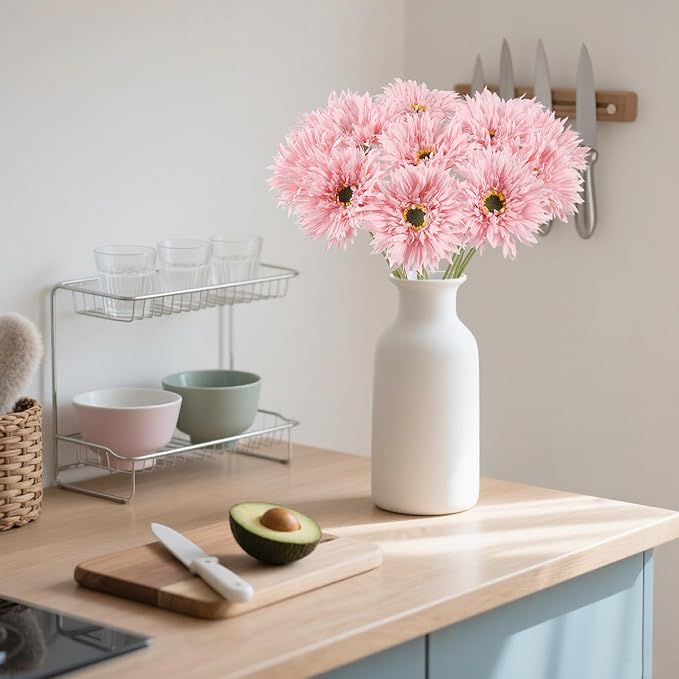 Gerbera Daisy Artificial Flowers 12pcs Pink Fake Silk Flowers Faux Daisies Bouquet with Stems for Wedding Bouquet Home Party Garden Outdoor Decoration(Pink)