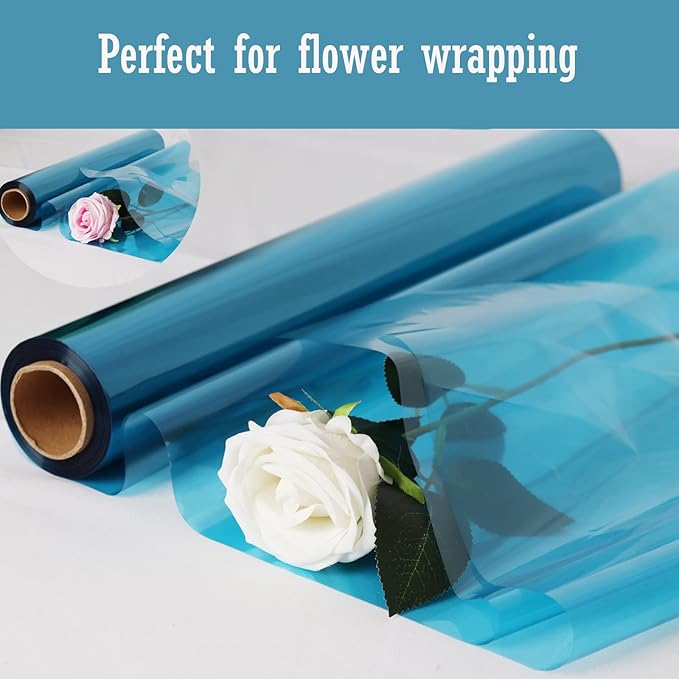 CMFYHM Blue Cellophane Wrap Roll,Colorful Cello 34 In Wide X 100 Ft Long, Translucent Colored Cellophane Wrapping Paper for Gift Baskets Wrap, Treats, Holiday, DIY Arts Crafts Decoration (Blue)