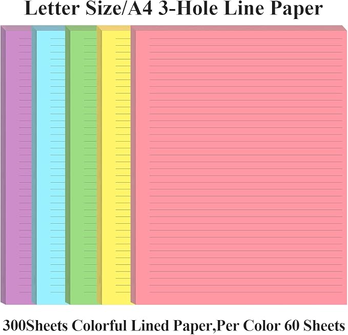 (3-Pack) Colorful Unpunched Lined Paper - 300 Sheets/600 Pages Loose Leaf Paper Line Refills, Per Color 60 Sheets, 8.5" x 11"