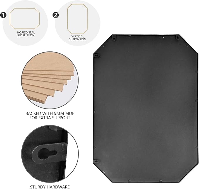 24 x 36 Inch Gold Octagon Wall Mirror, Modern Metal Framed Octagonal Bathroom Mirror, Decorative Wall Mounted Mirror for Vanity, Living Room, Bedroom & Entryway